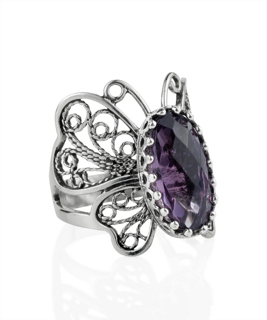 Filigree Art Amethyst Gemstone Butterfly Design Women Silver Cocktail Ring - GoldenLux.us