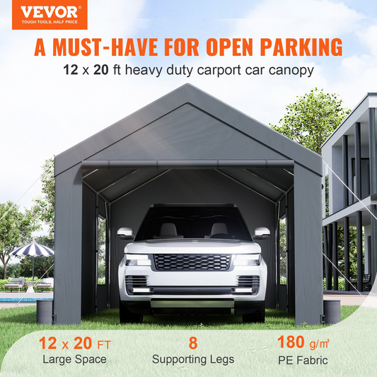 VEVOR Carport, Heavy Duty 12x20ft Car Canopy, Outdoor Garage Shelter with Removable Sidewalls, Roll-up Ventilated Windows & Door, UV Resistant Tarp for Car, Truck, Boat, Darkgray - GoldenLux.us