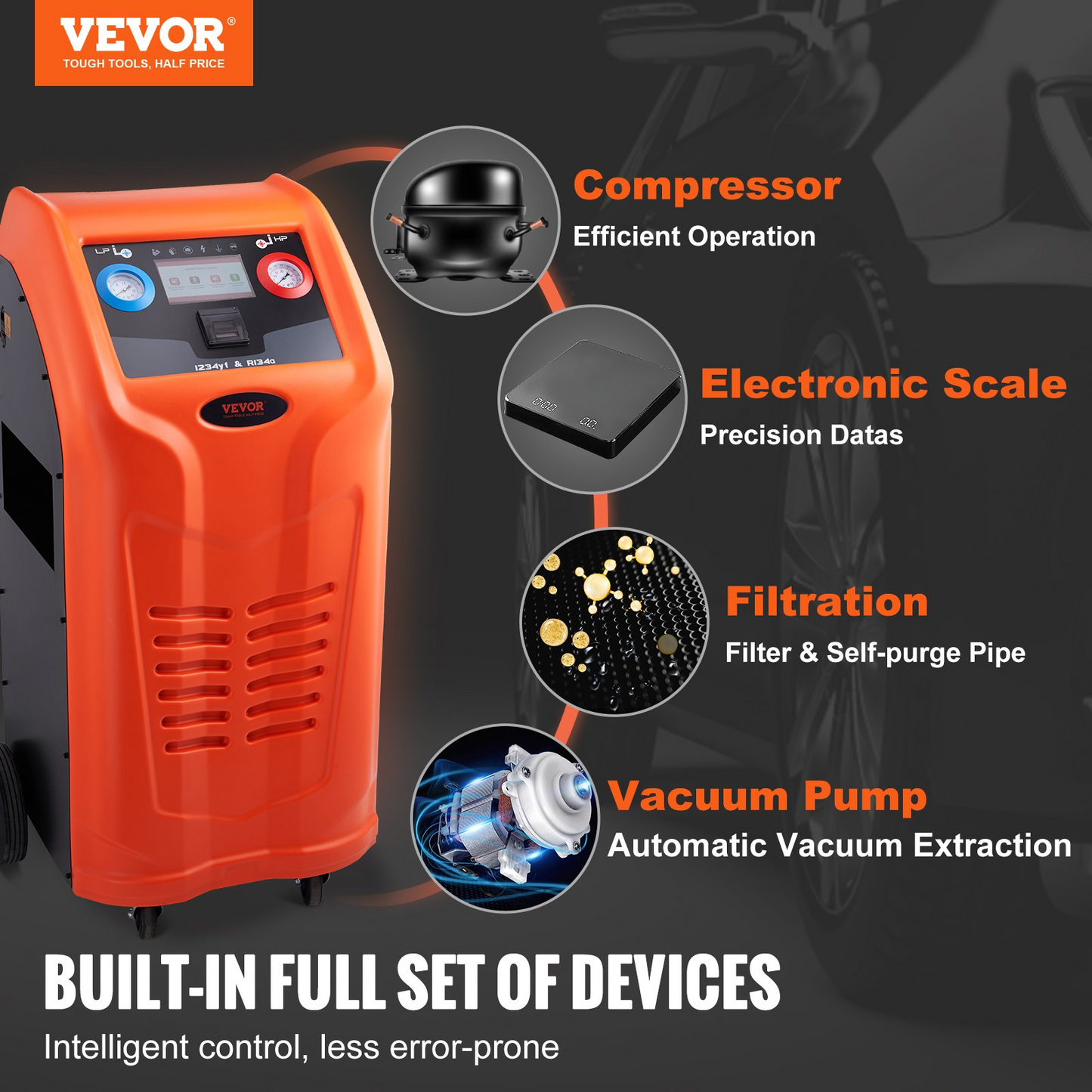 VEVOR Fully Automatic Refrigerant Recovery Machine - Dual Cylinder AC Recovery Machine Kit Built in Compressor/Electronic Scale/Filter/Recovery Tank, Recovery Machine HVAC Only for R134A+R1234YF - GoldenLux.us