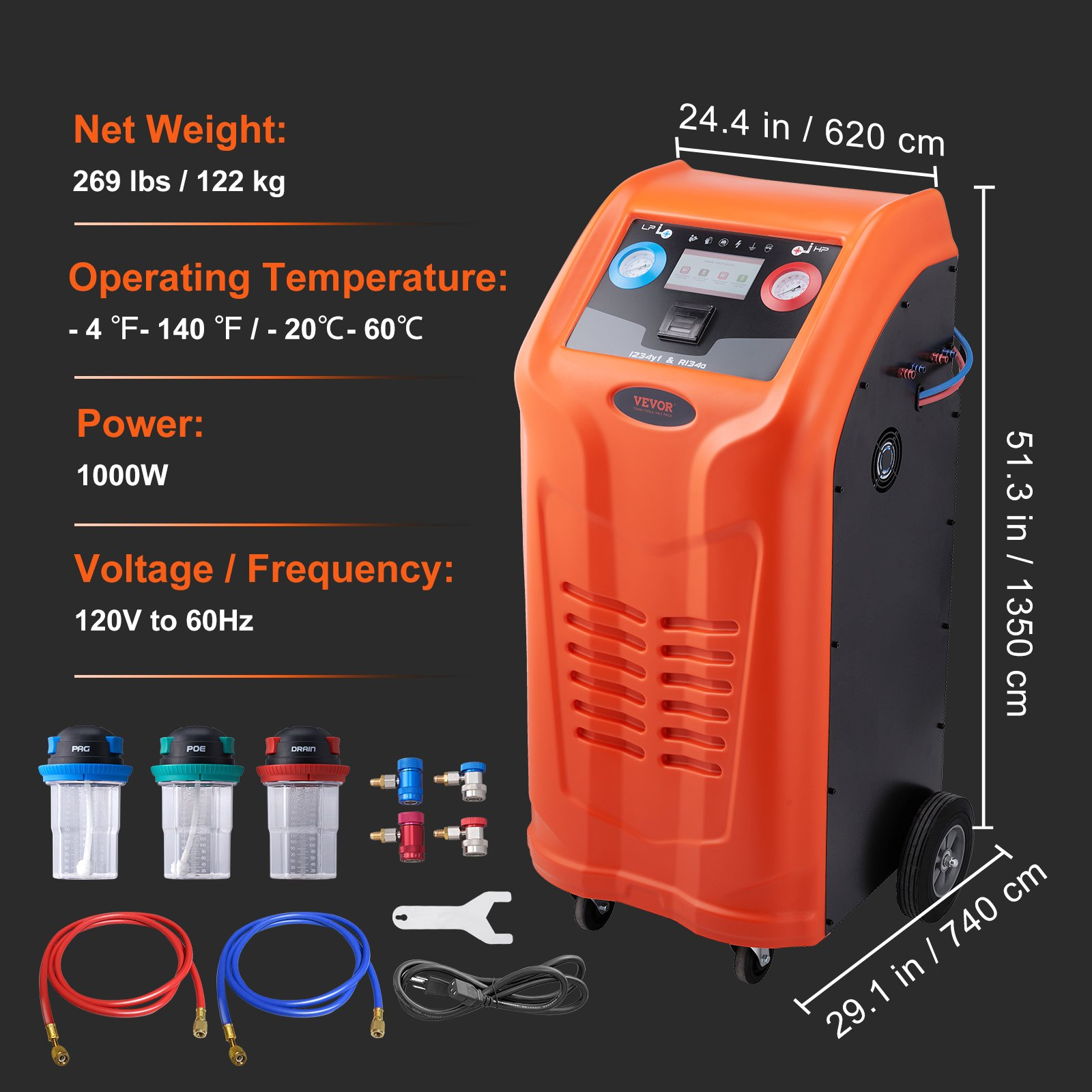 VEVOR Fully Automatic Refrigerant Recovery Machine - Dual Cylinder AC Recovery Machine Kit Built in Compressor/Electronic Scale/Filter/Recovery Tank, Recovery Machine HVAC Only for R134A+R1234YF - GoldenLux.us