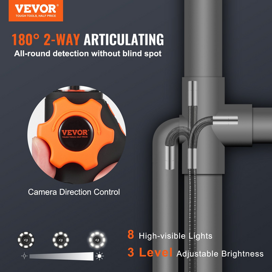 VEVOR Articulating Borescope Camera with Light, Two-Way Articulated Endoscope Inspection Camera with 6.4mm Tiny Lens, 5" IPS 1080P HD Screen, 8X Zoom, 8 LED Light Snake Camera for Automotive, Plumbing - GoldenLux.us