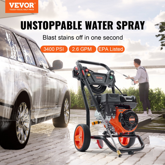 VEVOR Gas Pressure Washer, 3400 PSI 2.6 GPM, Gas Powered Pressure Washer with Aluminum Pump, Spray Gun and Extension Wand, 5 Quick Connect Nozzles, for Cleaning Cars, Homes, Driveways, Patios - GoldenLux.us