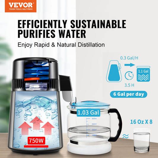 VEVOR Water Distiller, 4L 1.05 Gallon Pure Water Purifier Filter For Home Countertop, 750W Distilled Water Maker, Stainless Steel Interior Distiller Water Making Machine to Make Clean Water, Silvery - GoldenLux.us