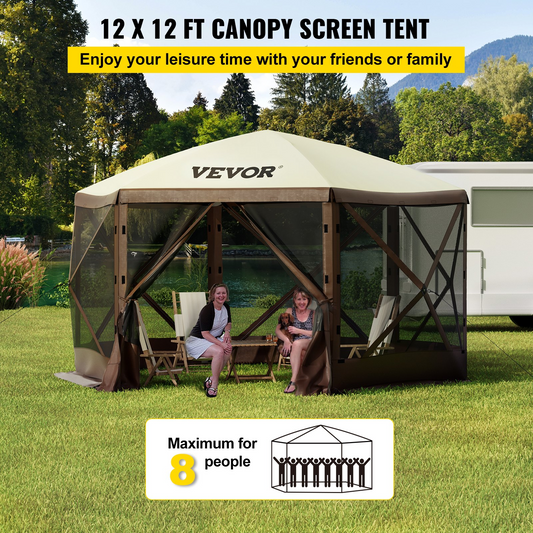 VEVOR Camping Gazebo Screen Tent, 12*12ft, 6 Sided Pop-up Canopy Shelter Tent with Mesh Windows, Portable Carry Bag, Stakes, Large Shade Tents for Outdoor Camping, Lawn and Backyard, Brown/Beige - GoldenLux.us