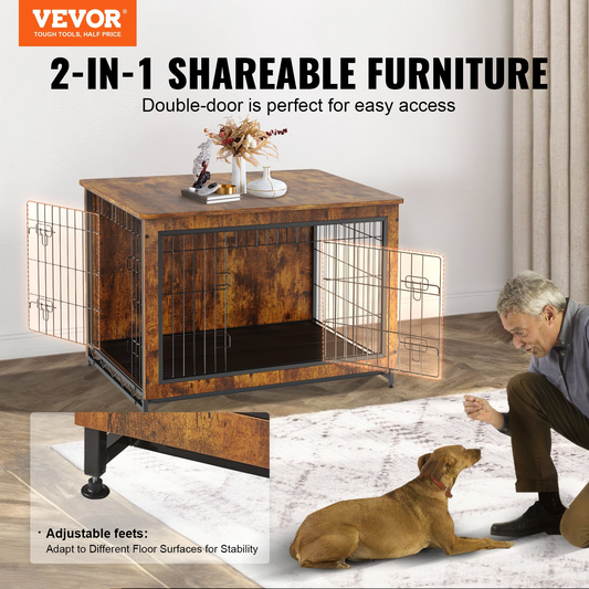 VEVOR Dog Crate Furniture, 38.6 inch Wooden Dog Crate with Double Doors, Heavy-Duty Dog Cage End Table with Multi-Purpose Removable Tray, Modern Dog Kennel Indoor for Dogs up to 70lb, Rustic Brown - GoldenLux.us