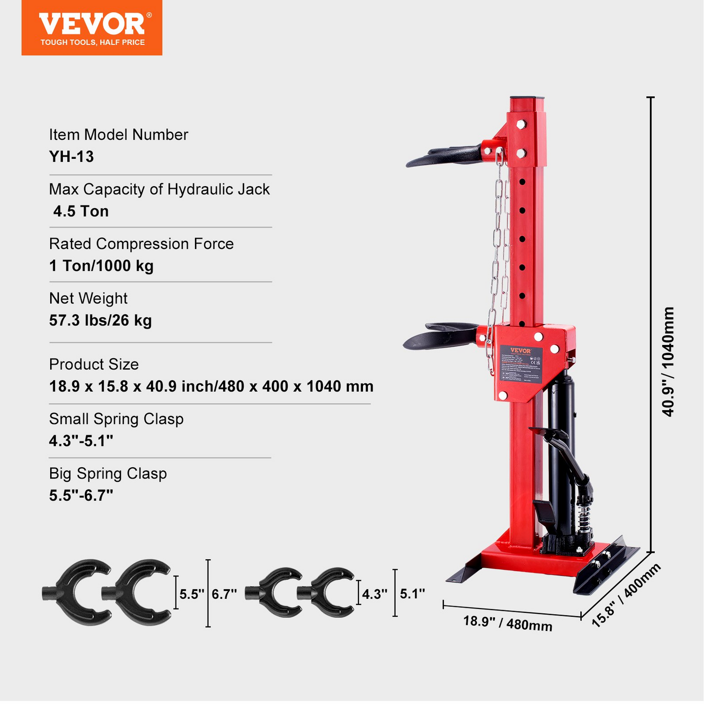 VEVOR Strut Spring Compressor, 4.5 Ton/9920 LBS Hydraulic Jack Capacity, 1 Ton Rated Compression Force, Auto Strut Coil Spring Compressor Tool, Hydraulic Spring Compressor for Strut Spring Removing - GoldenLux.us