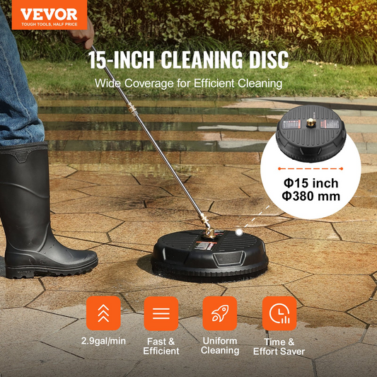 VEVOR Universal 15" Pressure Washer Surface Cleaner, Pressure Washer Attachment 4000 Max PSI, 1/4" Quick-Connect Connector Concrete Cleaner, Heavy Duty Power Washer for Floor Driveway, Patio,Sidewalk - GoldenLux.us