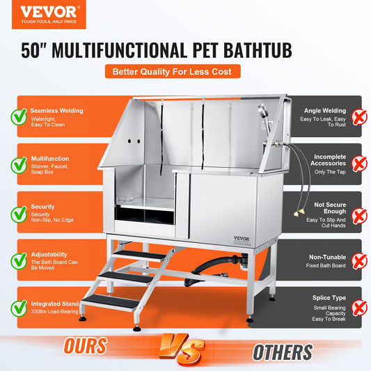 VEVOR 50" Pet Dog Bathing Station w/Stairs, Professional Stainless Steel Dog Grooming Tub w/ Soap Box, Faucet,Rich Accessory, Dog Bathtub for Large,Medium,Small Pets, Washing Sink for Home Left - GoldenLux.us