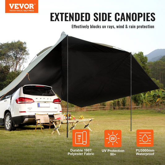 VEVOR Vehicle Awning, Large 10' x 7' Shade Coverage Car Side Awning, PU2000mm UV50+ Car Awning with Extended Side Canopies and Portable Storage Bag, Suitable for Truck, SUV, Van, Campers - GoldenLux.us