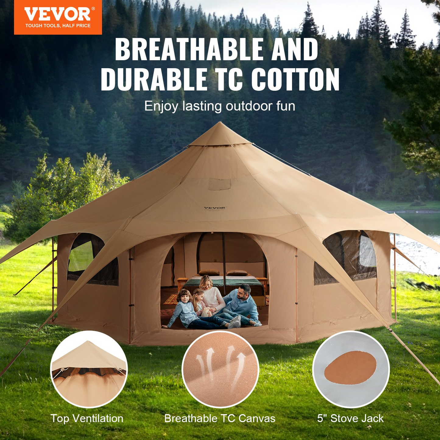 VEVOR Canvas Tent, 4 Seasons 5 m/16.4 ft Bell Tent, Canvas Tent for Camping with Stove Jack, Breathable Yurt Tent for up to 8 People, Family Camping Outdoor Hunting Party - GoldenLux.us