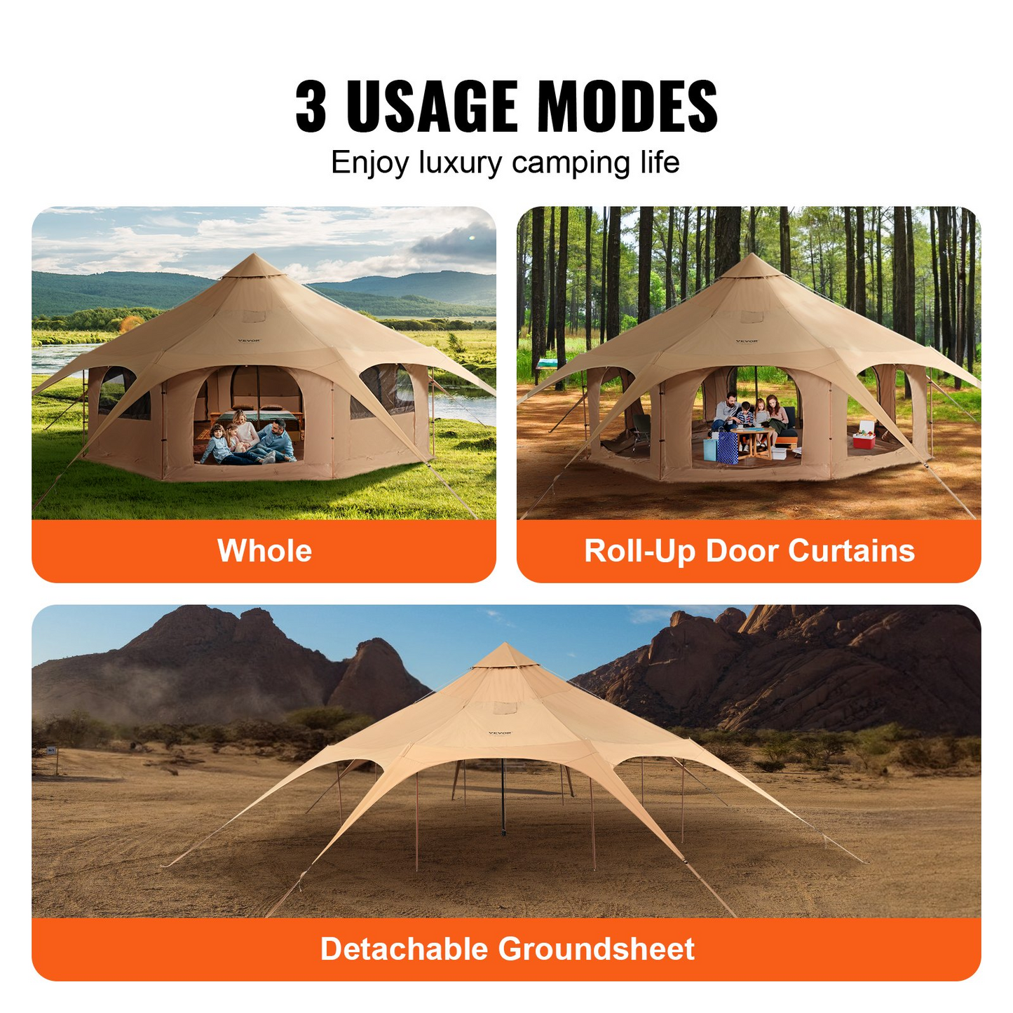 VEVOR Canvas Tent, 4 Seasons 5 m/16.4 ft Bell Tent, Canvas Tent for Camping with Stove Jack, Breathable Yurt Tent for up to 8 People, Family Camping Outdoor Hunting Party - GoldenLux.us