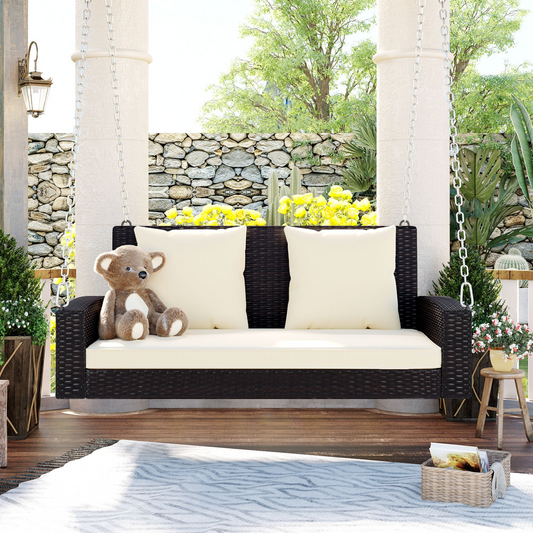 2-Person Wicker Hanging Porch Swing with Chains, Cushion, Pillow, Rattan Swing Bench for Garden