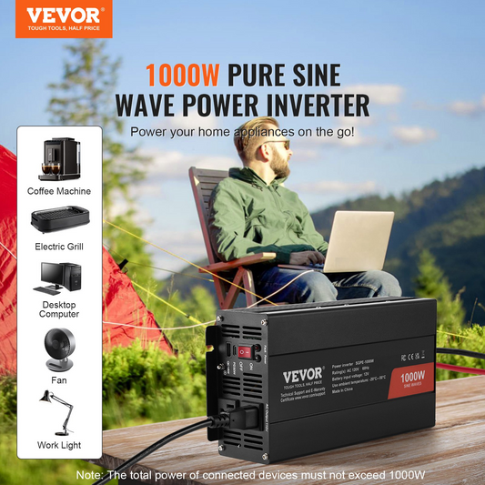 VEVOR Pure Sine Wave Inverter, 1000 Watt, DC 12V to AC 120V Power Inverter with 2 AC Outlets 2 USB Port 1 Type-C Port, Remote Control for Small Home Devices like Smartphone Laptop, CE FCC Certified - GoldenLux.us