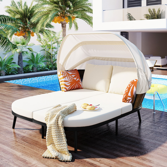 74.8" L Patio Daybed with Retractable Canopy, Outdoor Rattan PE Wicker Back Loveseat Sofa Set with Throw Pillows and Cushions for Backyard, Poolside, Garden, Beige - GoldenLux.us