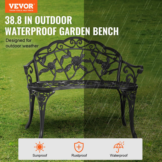 VEVOR Outdoor Bench, 38.8 inches Metal Garden Bench for Outdoors,480 lbs Load Capacity Bench, Outdoor Garden Park Bench with Backrest and Armrests, Patio Bench for Garden, Park, Yard, Front Porch - GoldenLux.us